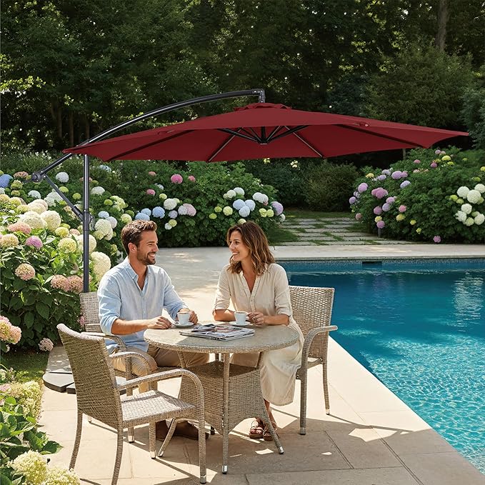10FT Offset Patio Umbrella, Cantilever Hanging Umbrella with Infinite Tilt, Fade-Resistant Water-Repellent Canopy & Cross Base for Yard, Garden & Deck