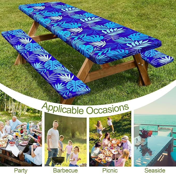 Play Tailor Picnic Table Cover with Bench Covers Camping Essentials Waterproof Windproof Camping Tablecloth with Drawstring Bag, Fitted Rectangle Tables and Seats, 60in, Dark Blue