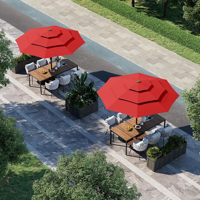 9FT 3 Tiers Patio Umbrella With Auto Tilt And Crank, Outdoor Table Market Umbrella with 8 Sturdy Ribs for Garden, Lawn, Deck, Backyard and Pool