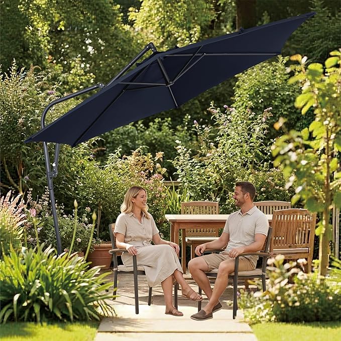 10FT Offset Patio Umbrella, Cantilever Hanging Umbrella with Infinite Tilt, Fade-Resistant Water-Repellent Canopy & Cross Base for Yard, Garden & Deck