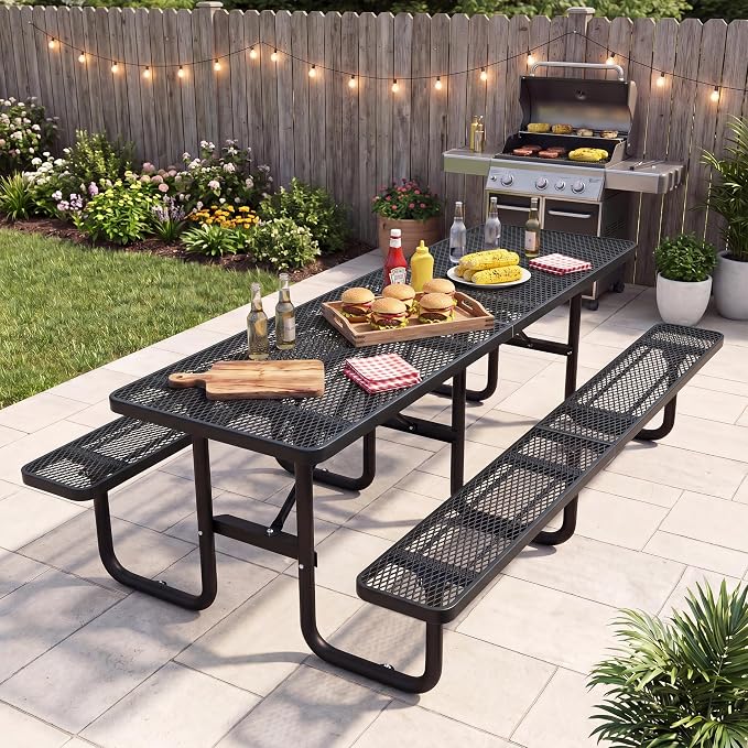 96" Rectangular Metal Picnic Table, Commercial Steel Picnic Tables with 1.96" Umbrella Hole, Heavy Duty Picnic Tables for Outdoor Garden Courtyard BBQ, Black