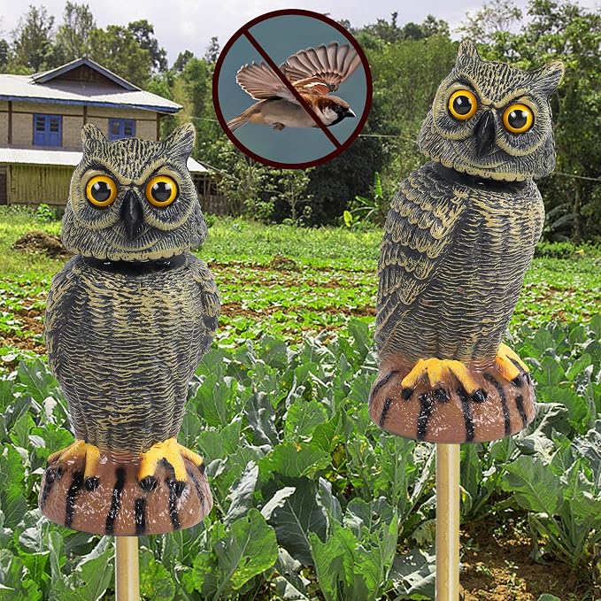 Hausse 2 Pack Bird Scarecrow Fake Owl Decoy Sculpture, 10.6 Inch Height Golden Rotating Head Plastic Owl Bird Deterrents, Nature Enemy Horned Pest Repellent for Outdoor Garden Yard
