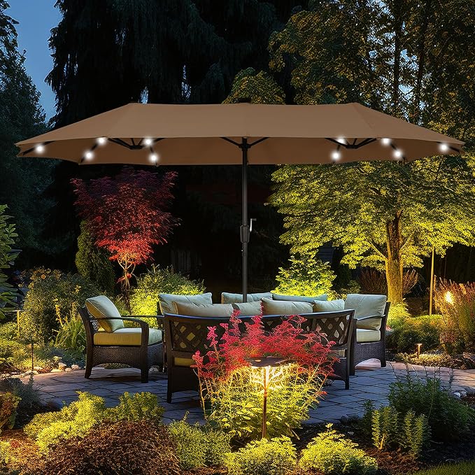 13 ft Patio Umbrella with 36 LED Lights, Large Rectangle Outdoor Solar Umbrella with Strap, Crank, Coffee