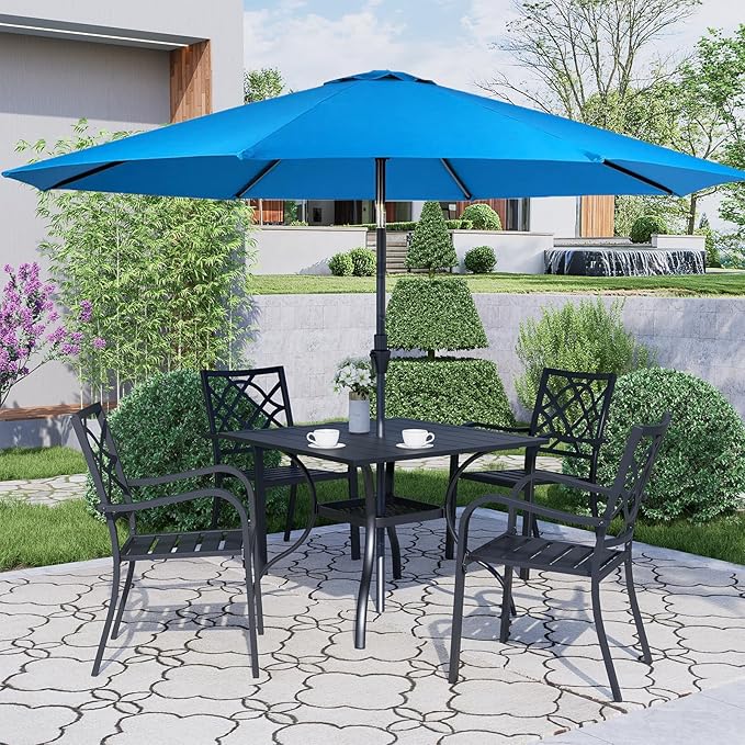 Crownland 5 Piece Outdoor Dining Set, Patio Metal Dining Sets, 4 Stackable Metal Chairs and Square Outdoor Dining Table with Sky Blue 9FT Round Outdoor Umbrella, for Backyard, Garden (Classic Black)