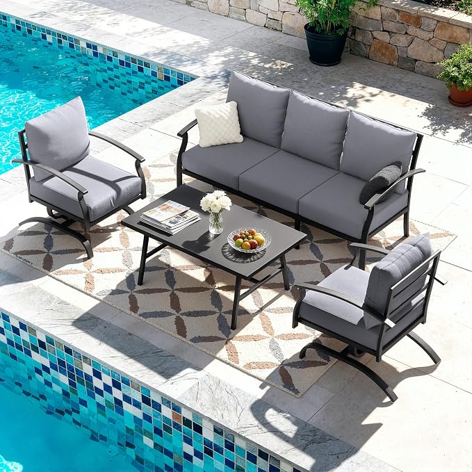 Kullavik Patio Furniture Set,2 Piece Metal Outdoor Patio Furniture Set,All Weather Modern Patio Conversation Sets w/3 Seater Sofa and Coffee Table for Balcony Deck,Grey