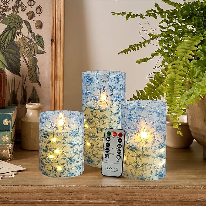 Flickering Flameless Candles, Recessed String Light LED Candles 3D Wick Acrylic Battery Operated LED Pillar Candles with Remote and Timer for Modern Simple Home Decor Set of 3(Blue Twig)