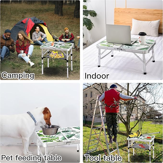 Folding Camping Table 2ft Portable Picnic Table Adjustable Height Small Card Table Aluminum Foldable Lightweight with Carry Handle for Outdoor Indoor Hiking Camp BBQ Beach (Monstera Palm Leaves)