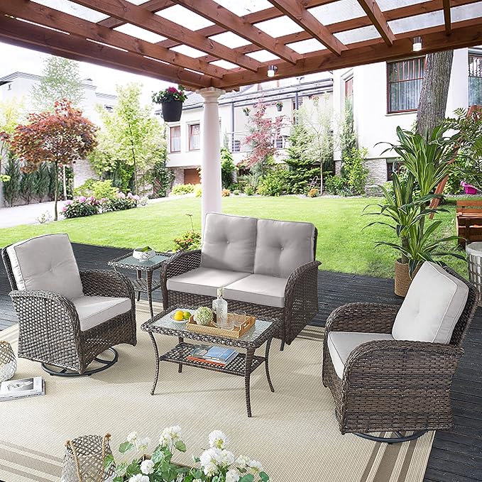 Belord 5 Piece Swivel Rocker Glider Outdoor Chairs Set of 2 with Ottoman and Glass Side Table Patio Bistro Furniture Set, Comfort High Back Wicker Patio Conversation Set for Deck Porch Sunroom