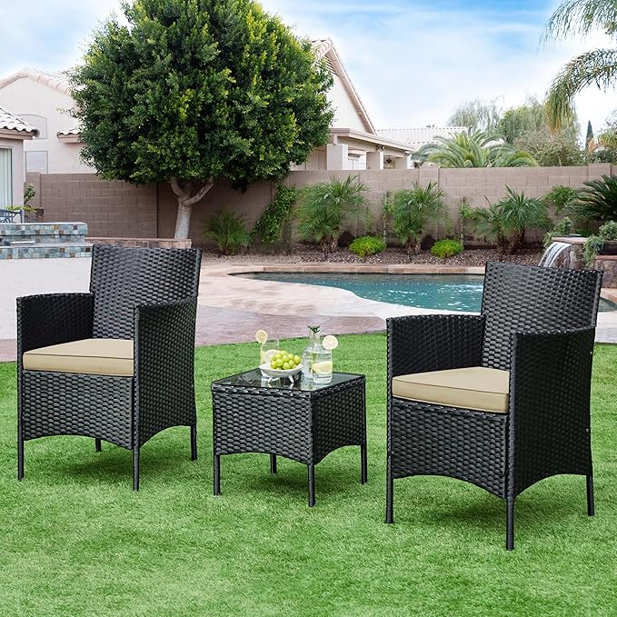 Yaheetech 3 Pieces Patio Conversation Set, Outdoor Rattan Bistro Furniture, 2 Chairs with Cushions & 1 Side Table for Bistro/Porch/Garden/Deck/Courtyard, Black/Khaki
