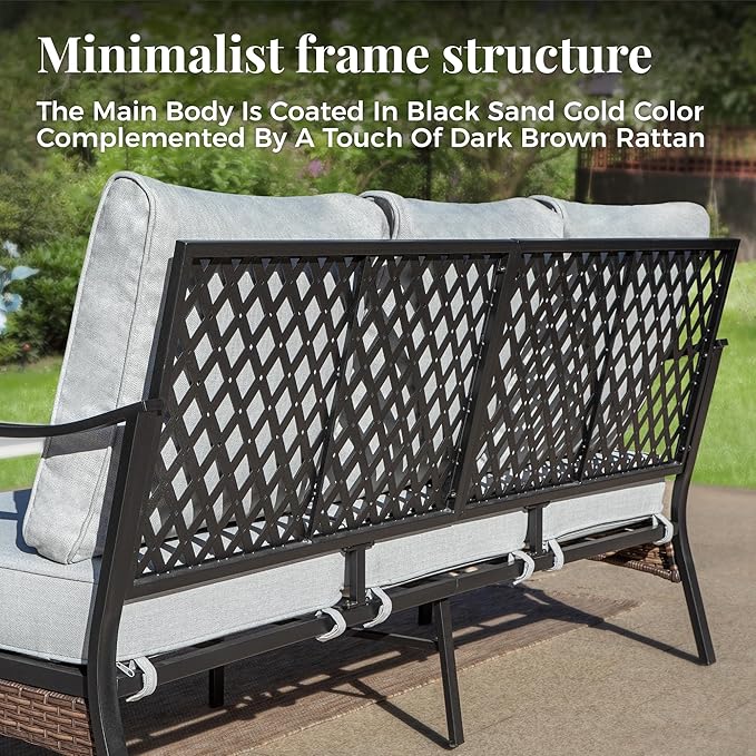 Patio Furniture Set with Firepit Table, Black Frame Outdoor Conversation Set with 2 x Rocking Chairs, 1 x 3-Seat Sofa for Lawn Garden Backyard, Light Grey