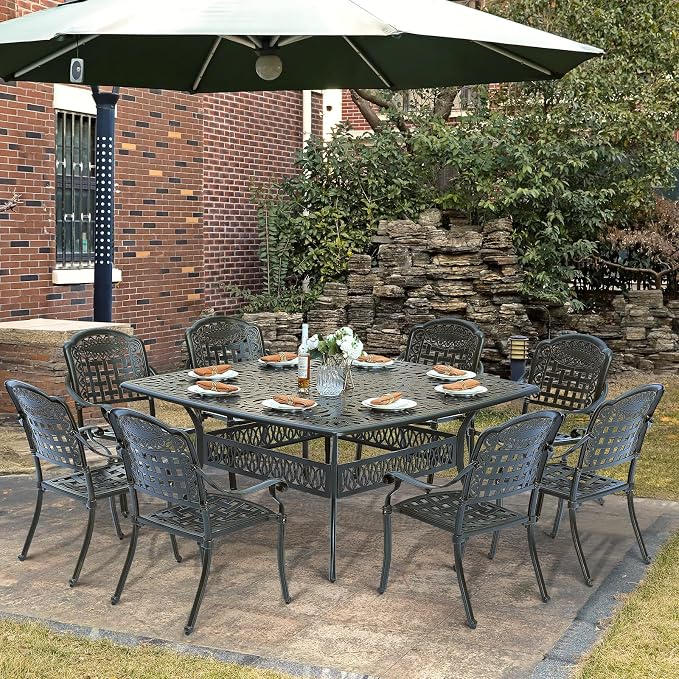 9-Piece Patio Cast Aluminum Dining Set, Outdoor Table and Chairs Set for 8, Includes 64" Large Square Dining Table and 8 Chairs with Umbrella Hole, Patio Furniture Set for Lawn Garden