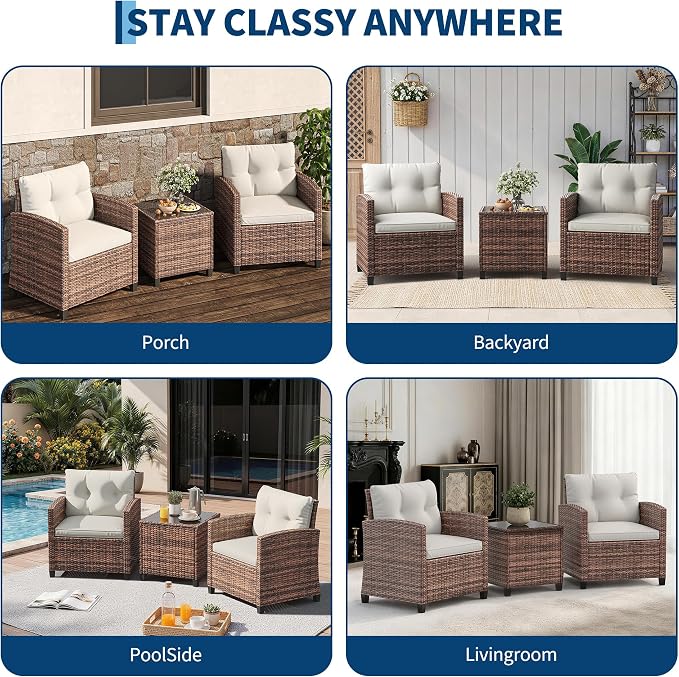 3-Piece Patio Furniture Set, PE Rattan Wicker Outdoor Sofa Set with Washable Cushions & Tempered Glass Tabletop, Conversation Set for Garden, Poolside, Balcony (Brown Wicker & Beige Cushions)