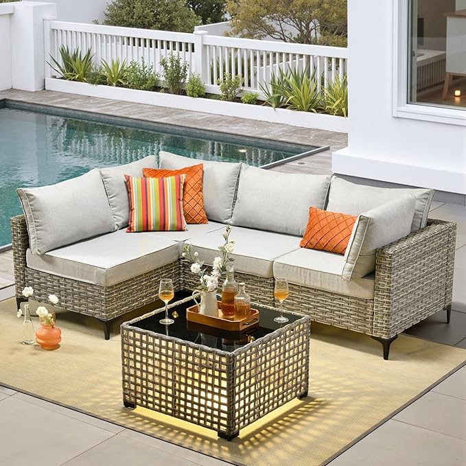 5 Pieces Patio Furniture Set with Solar Light Coffee Table, All-Weather Rattan Outdoor Sectional Conversation Sets L Shaped Sofas for Outside Porch Balcony Backyard Gray