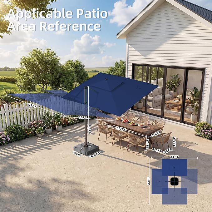 10' X 13' Patio Umbrella with Weighted Base and LED Lights Outdoor Cantilever Large Rectangle Offset Umbrellas Heavy Duty Aluminum Double Top with 360-degree Rotation for Pool Garden Deck, Navy