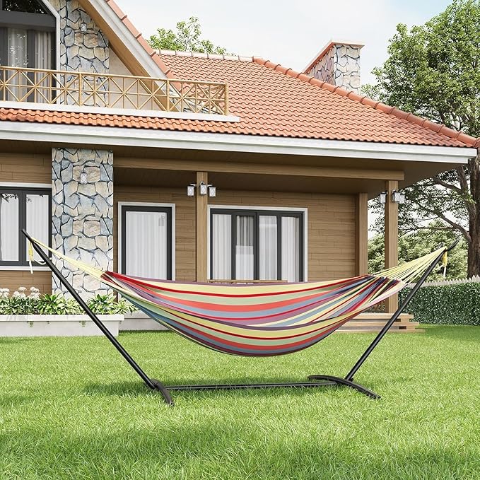 Double Hammock with Spreader Bar & Steel Stand – 450 Lbs Capacity, Portable for Camping, Backyard, Garden – Includes Carry Bag, Durable for 2 Person Outdoor Relaxation(Yellow)