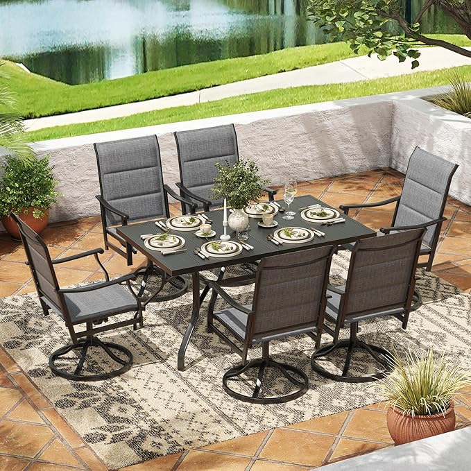 Soohow Patio Dining Set for 6, 7-Piece Outdoor Dining Table and Chairs Set, 6 x Swivel Outdoor Chairs with Paded Textilene and 60"x35" Patio Table with 1.57" Umbrella Hole for Poolside, Backyard