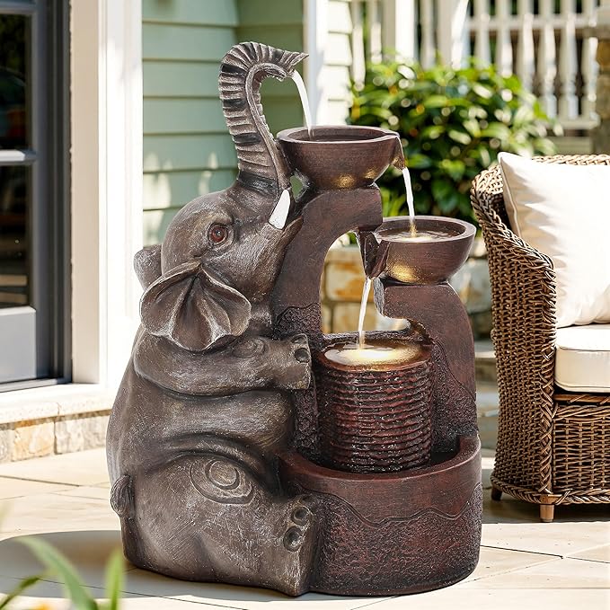 20" Outdoor Fountain, 3-Tier Playful Elephant Sculpture Water Feature with LED Lights, Resin Soothing Cascading Waterfall for Patio, Backyard, Garden or Porch