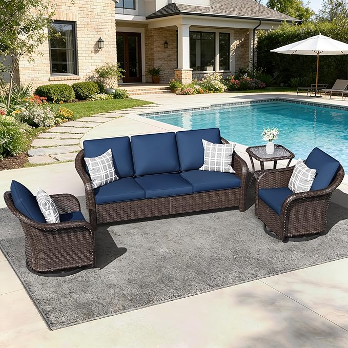 4 PCS Patio Conversation Set | 78" Couch, 2 Swivel Chairs, 1 Side Table, Outdoor Wicker Conversation Furniture with Removable Cushions for Bistro, Deck, Sunroom(Navy Blue)