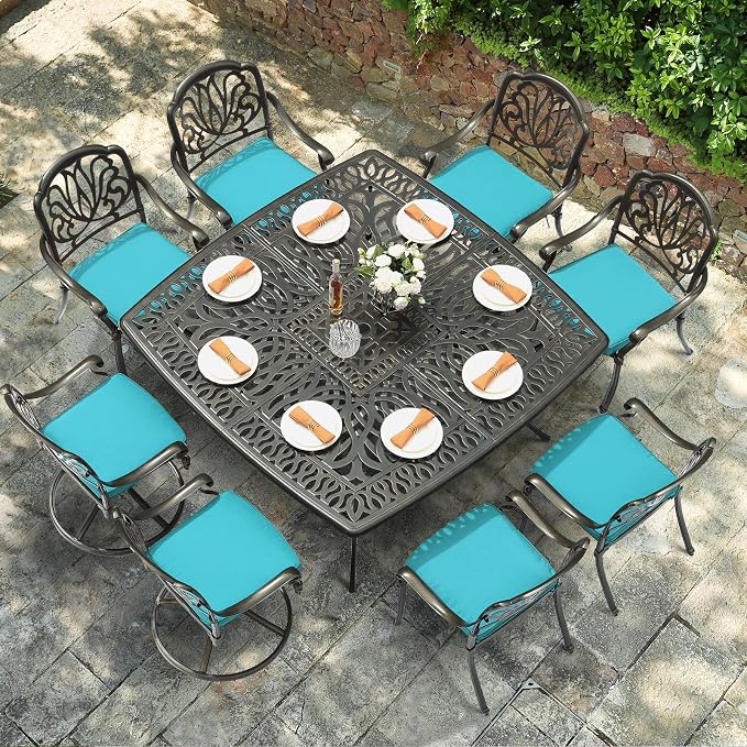 VIVIJASON 9-Piece Outdoor Furniture Dining Set, Cast Aluminum Patio Table and Chairs Set with 6 Stationary Chairs, 2 Swivel Rocker Chairs, 64" Large Square Dining Table, Umbrella Hole, Ocean Blue