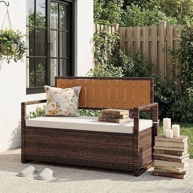 Outdoor Storage Bench with Cushion, 2-Seater PE Rattan Storage Box with Backrest & Armrests, 75 Gallon, 400 lbs Capacity Weatherproof Patio Bench for Garden, Balcony, Porch, Pool, Yard,Dark Brown