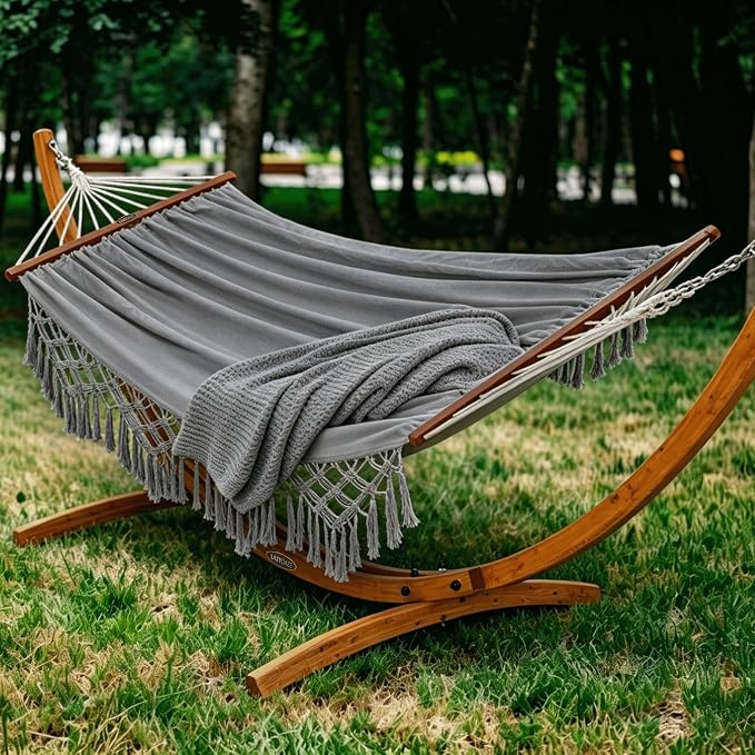 Lazy Daze Hammocks 2 Person Cotton Fabric Hammock with Spreader Bars and 10.5 FT Wood Arc Hammock Stand, Double Hammock with Wood Stand, for Outdoor, Indoor, Patio, Backyard, Dark Gray