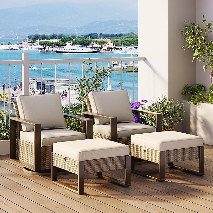Outdoor Wicker Metal Chairs Set of 2 with Two Ottomans, 360 Degree Glider Rockers Armchairs, 4 Pieces Patio Bistro Set with Wood-Looking Metal Armrest for Poolside, Terrace, Beige