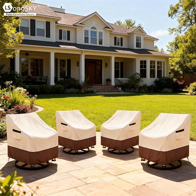 Outdoor Swivel Chair Cover 2 Pack,100% Waterproof Heavy Duty Patio Chair Covers,(33 W x 35 D x 38.5 H inches) Swivel Patio Chair for Outdoor Furniture Covers Waterproof,Beige&Brown