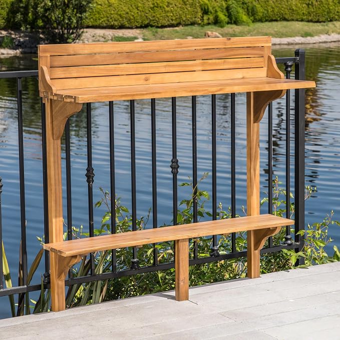 Outdoor Acacia Wood Balcony Bar Table, Rectangle Narrow Counter Outdoor Counter Height Bar Table w/Bottom Shelf, for Balcony, Patio and Small Outside Space