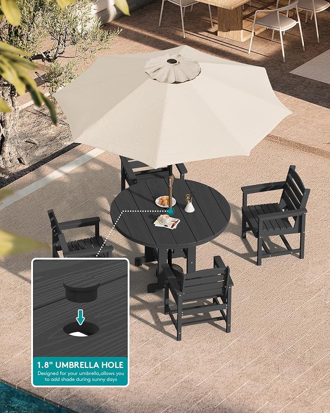 SERWALL Outdoor Round Dining Sets with Umbrella, HDPE Patio Table and Chairs Furniture Set, 45" Round Dining Table & 4 Dining Chairs & 1 9FT Umbrella, Black(Not Include Umbrella Base)