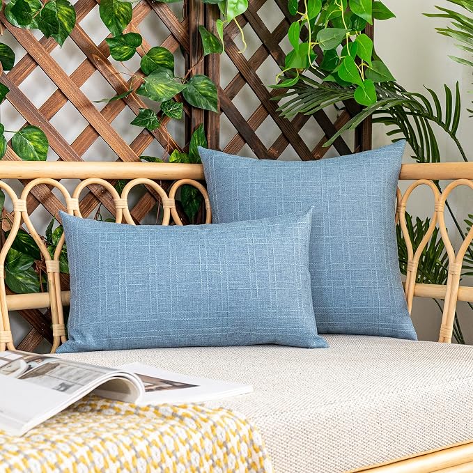 Kevin Textile Outdoor Waterproof 22”x22” Pillow Covers 2 Pack, Light Blue | Water Resistant, Soft Faux Linen-cotton Yarn-dyed Woven Texture Throw Pillow Covers for Tent Patio Garden Couch Sofa