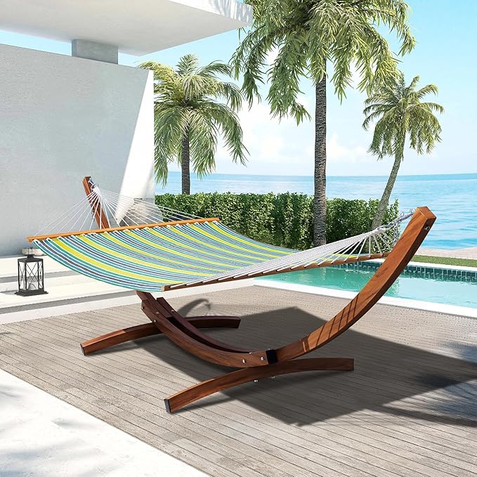Lazy Daze Hammocks 12 FT 2 Person Double Quick Dry Textilene Hammock with Curved Steel Heavy Duty Stand for Outside, Backyard, Patio, 450 Lbs Capacity, Green Stripes
