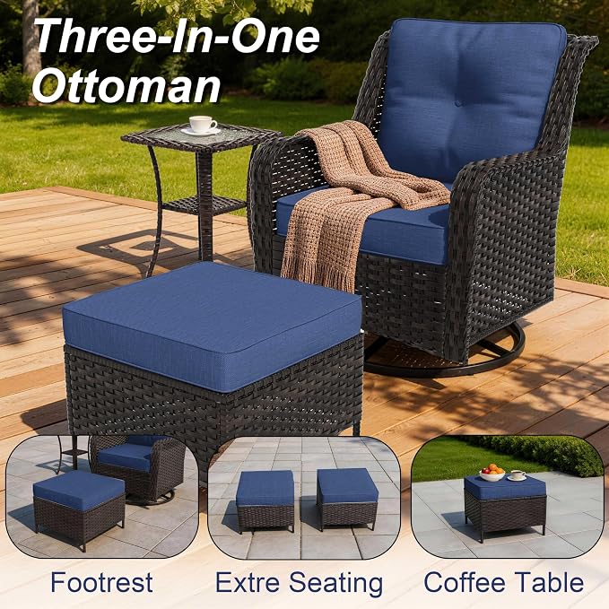 7-Piece Patio Furniture Set, Thick Wicker Outdoor Furniture Set with 2 Swivel Chairs, Outdoor Sectional Sofa with Fire Pit Table, Patio Conversation Set for Backyard, Porch, Deck, Dark Blue