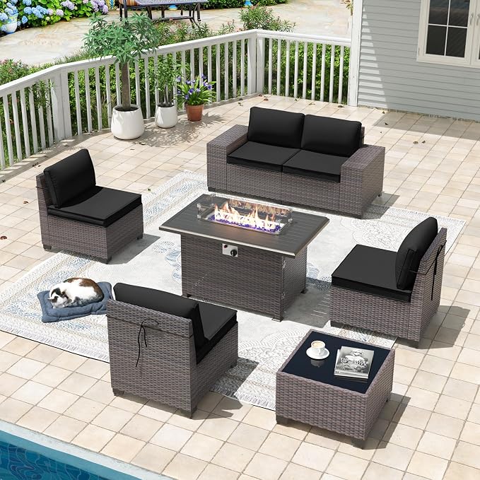 7 Pieces Outdoor Patio Furniture Set with 43"/55000BTU Gas Fire Pit Table,PE Rattan Wicker Outdoor Conversation Sofa Set Non-Slip Cushions Waterproof Covers for Backyard,Poolside,Garden,Black