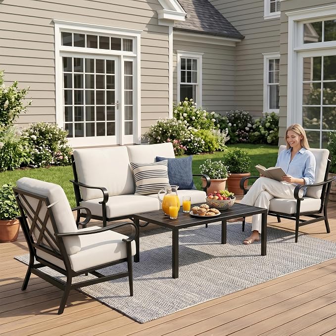 NATURAL EXPRESSIONS 4 Piece Patio Furniture Set, Vintage Metal Outdoor Conversation Set with High Back Rocking Motion Chairs, 5.5" Thick Cushions for Balcony, Porch