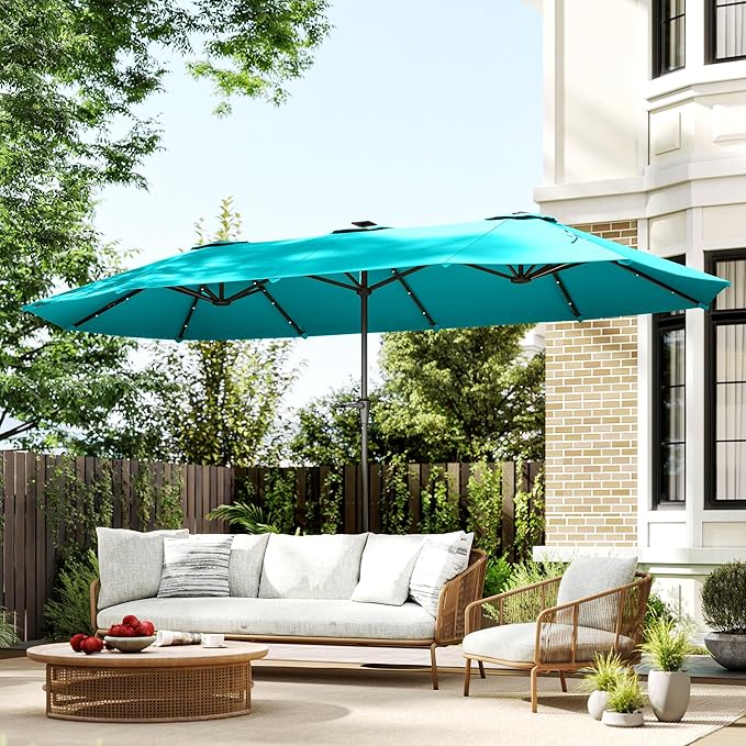 Outsunny 13ft Large Patio Umbrella with Solar Lights, Rectangular Double-Sided Outdoor Market Umbrella with Crank Handle and 48 LED Bulbs for Garden, Pool and Backyard, UPF 30+