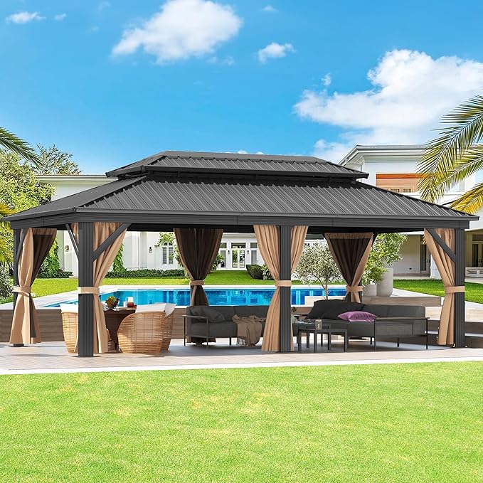 DWVO 12x20ft Gazebo Double Roof Hardtop with Nettings and Curtains, Heavy Duty Galvanized Steel Outdoor Vertical Stripes Roof for Patio, Backyard, Deck, Lawns, Brown
