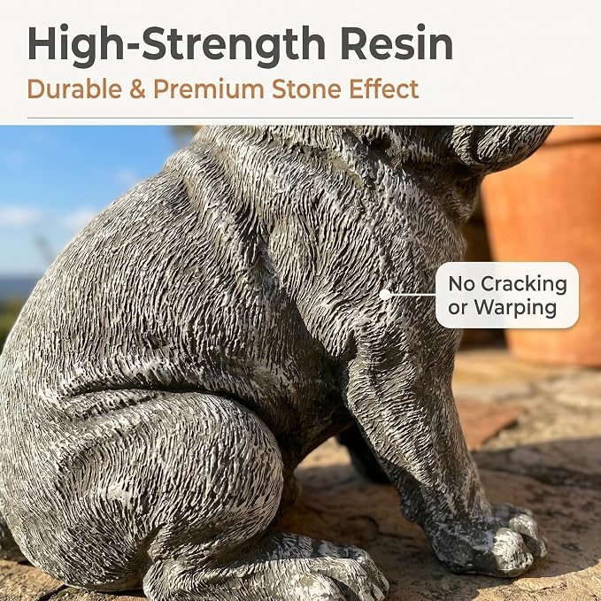 French Bulldog Statue, Grey, 16" Large Dog Garden Sculpture | Weatherproof Resin, Stone Effect, Realistic Frenchie Figurine, Outdoor Yard Patio Lawn Porch Decor