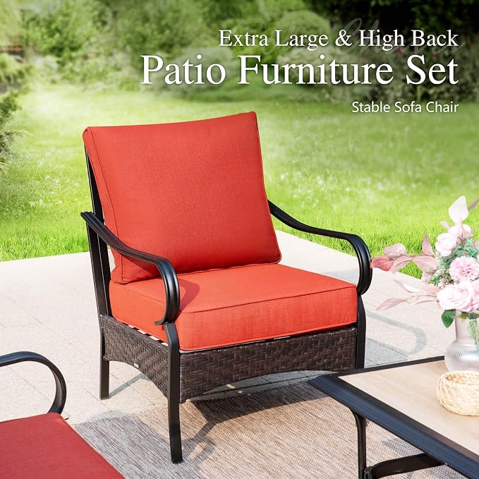 Sophia & William Patio Furniture Set with Fire Pit Table, 4 PCS Metal Outdoor Conversation Set with Fire Pit Table, 2 Sofa Chairs,3-Seater Couch for Outdoor Seating, Backyard, Porch(Red)