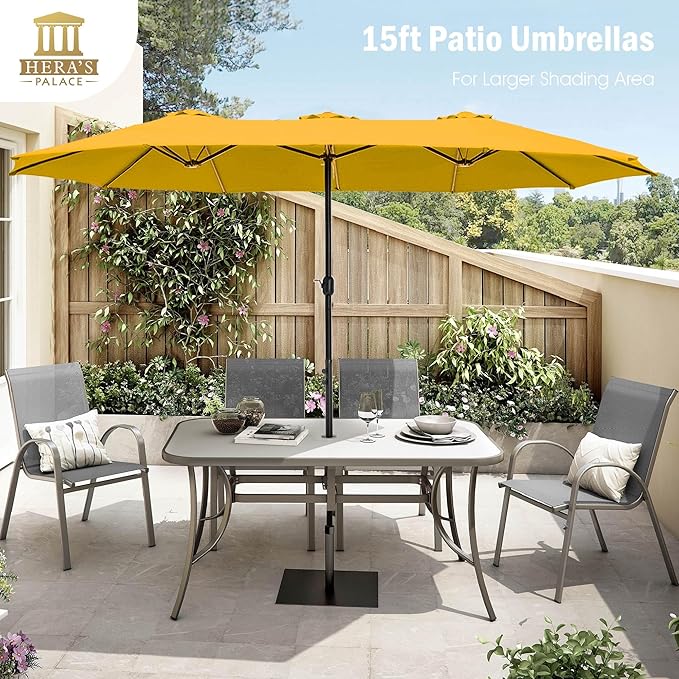 HERA'S PALACE Umbrella Patio Outdoor with Base 15ft Rectangle Table Double Market Umbrellas Clearance Large Included Stand for Deck Outside Pool Picnic Inground Yard Commercial (Gold Yellow)