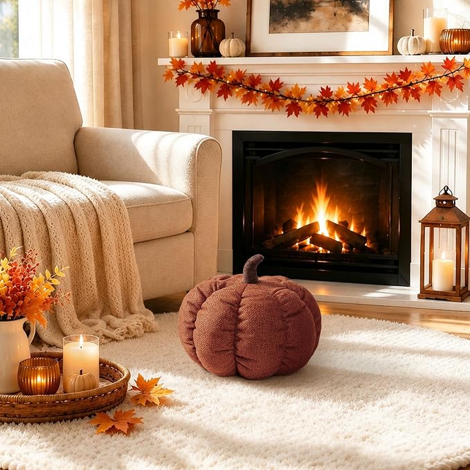 AELS Pumpkin Throw Pillow, 14" Cinnamon Textured Fall Decorative Pillow | for Couch Sofa Bed Living Room Home Decor, Farmhouse 3D Fall Halloween Thanksgiving Decorative Accent Pillows