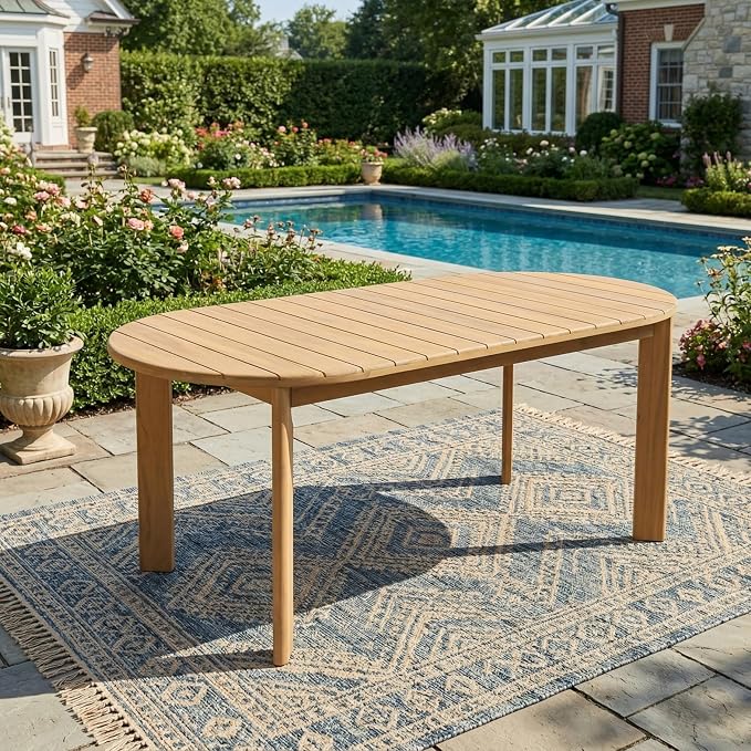 Christopher Knight Home Linda 70.67" Outdoor Dining Table, Solid Acacia Wood Patio Table for Patio Furniture Set, Modern Dining Table with Slat Panel Oval Top for Deck Garden Backyard, Light Teak