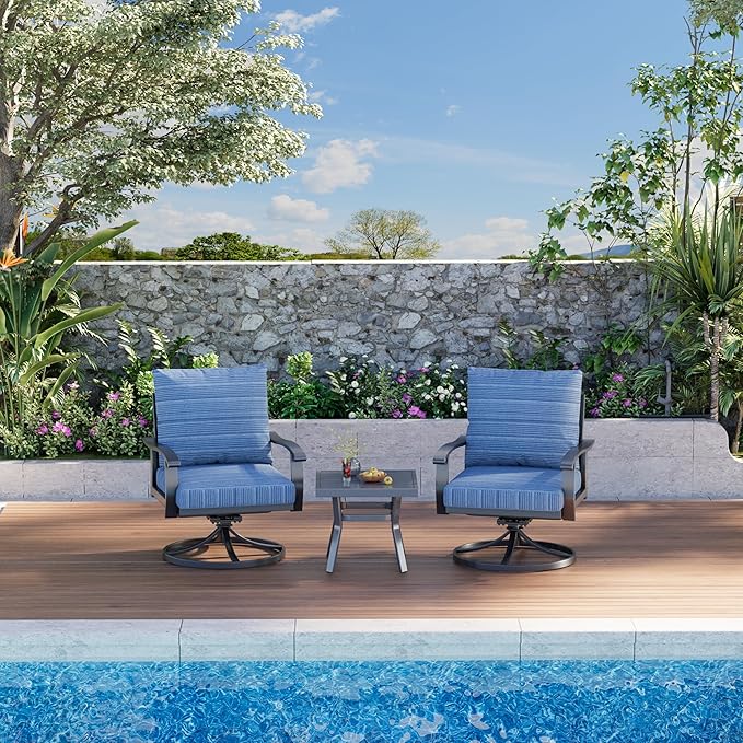 HOMREST Outdoor Swivel Rocker Patio Chairs with Coffee Table 3 PCS Bistro Set, 360 Degree Swivel Rocking Chair Patio Conversation Set with Thickened Cushions for Garden, Deck and Poolside