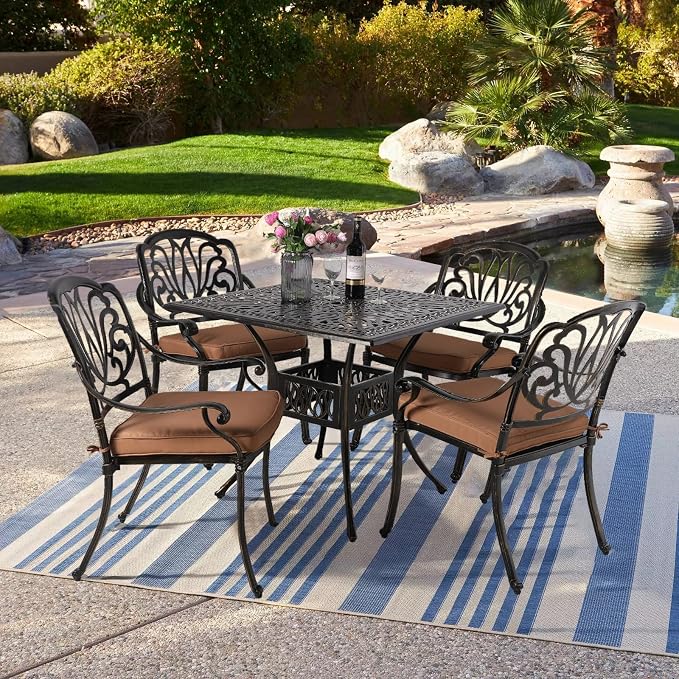 VIVIJASON 5-Piece Outdoor Patio Dining Set, All-Weather Cast Aluminum Conversation Set, Patio Furniture Set for Balcony Lawn Garden, Include 4 Cushioned Chairs, a 35.4" Square Table w/Umbrella Hole