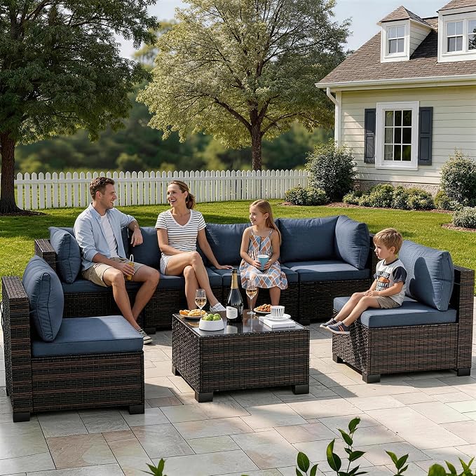 CHABATREE 7-Piece Outdoor Patio Furniture Sets, Manual Weaving Rattan Conversation Sectional Sofa with Tempered Glass Coffee Table, All-Weather PE Wicker & Thick Cushions for Garden, Backyard, Porch