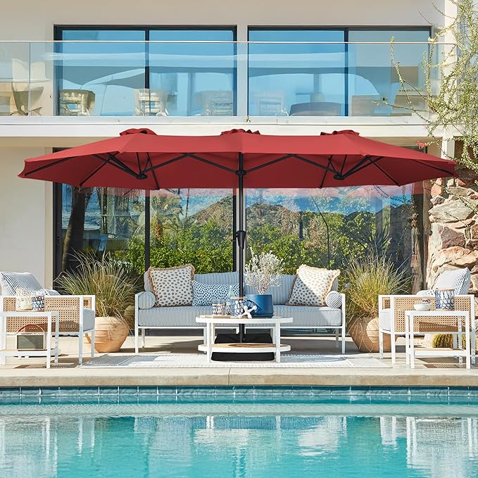 SUPERJARE 13FT Outdoor Patio Umbrella with Base Included, Double Sided Pool Umbrellas with Fade Resistant Canopy, Large Table Umbrella for Deck, Market, Backyard - Burgundy