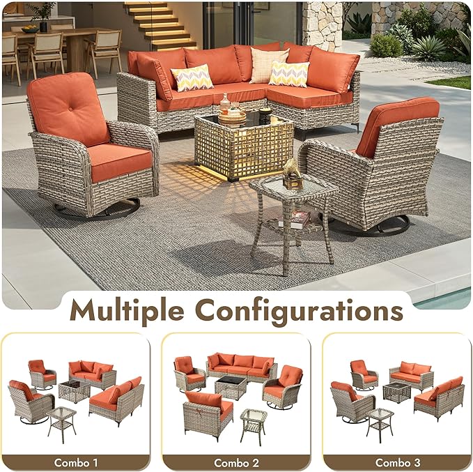 8 Pieces Outdoor Sectional Patio Furniture Set with Swivel Rocking Chairs,Conversation Sets Rattan Wicker L Shaped Couch,Modular Outdoor Sofa for Porch Balcony Backyard Coarse Stripes Red