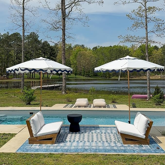 AMMSUN 7.8ft Seashore Umbrella, Outdoor Umbrella, Boho Beach & Patio Umbrella with UV 50+ Air Vent Ash Wood Pole Carry Bag & Water-Resistant Canvas (Rivulet Blue)