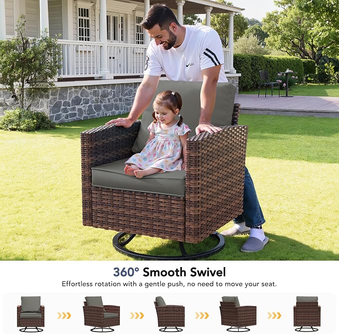 Patio Furniture Set, 6 Pcs Patio Outdoor Sectional, Wicker Outdoor Couch with Swivel Chair, Ottomans, Side Table, 4" Thick Cushion, for Garden Backyard Deck,Dark Grey