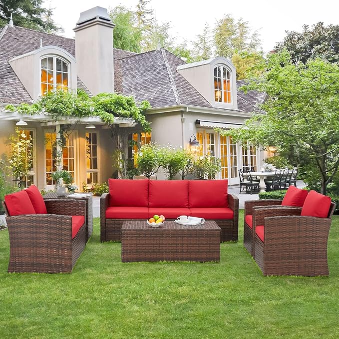 AECOJOY 7 Pieces Patio Furniture Set with Two Storage Boxes, Outdoor Wicker Sectional Sofa, All-Weather Rattan Conversation Set for Garden, Backyard, Red Cushion&Brown Rattan