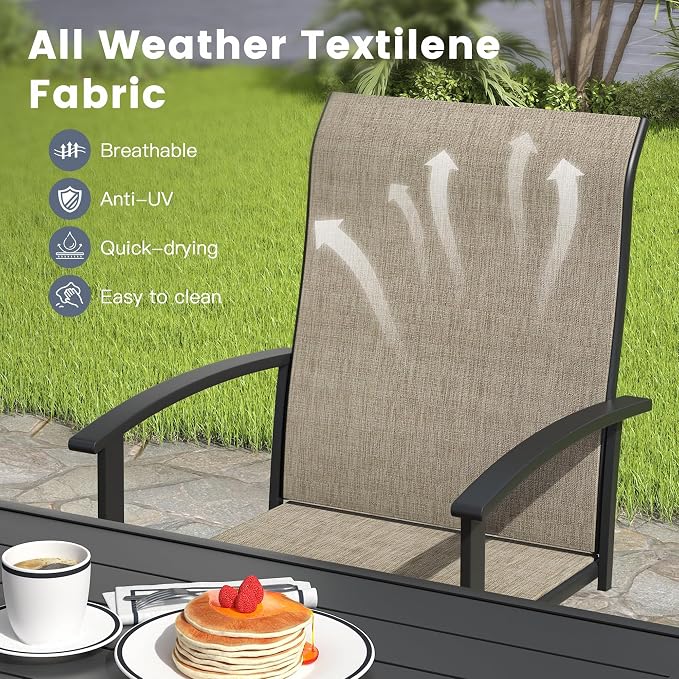 VICLLAX 5 Pieces Patio Outdoor Dining Set, 4 Swivel Textilene Chairs and 47.2" Round Metal Table with Umbrella Hole for Porch, Deck, Garden, Walnut/Brown